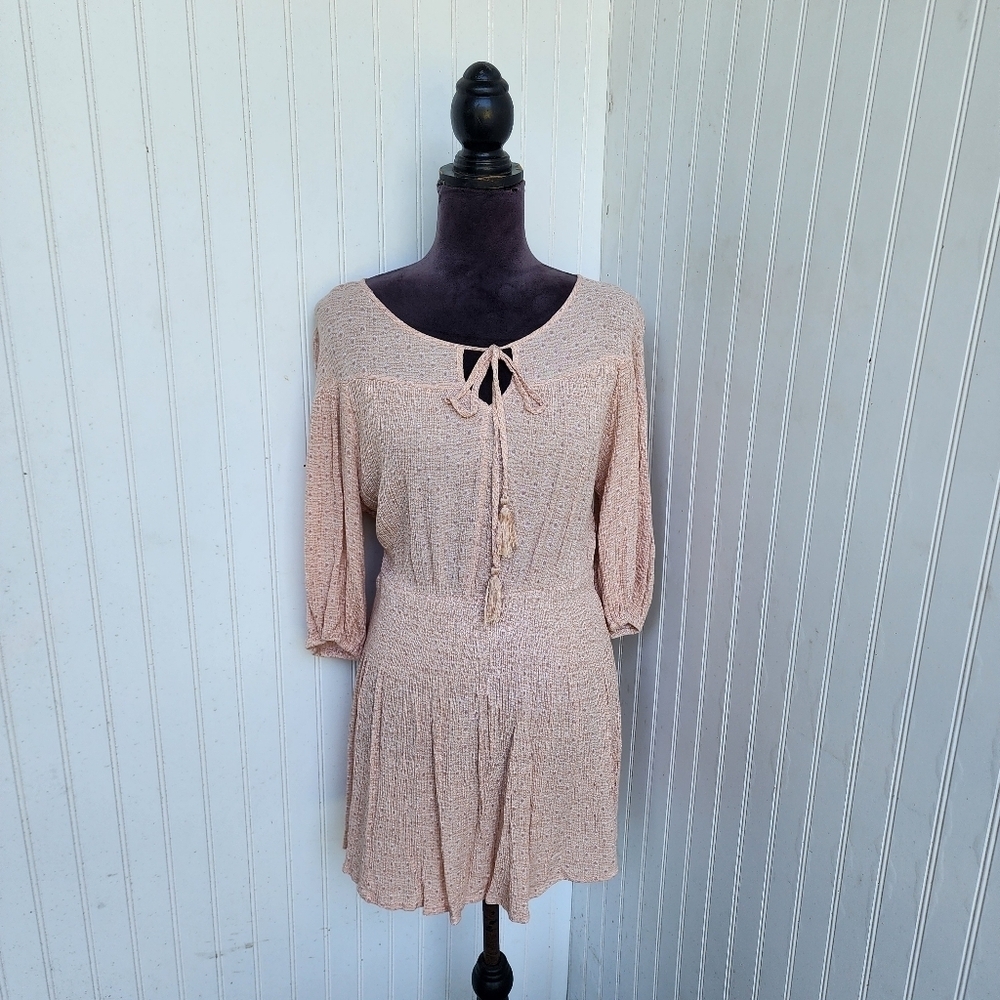 Millibon USA Short Mini Dress Crinkle Smocked Waist Stretch Tiw Neck Sz M